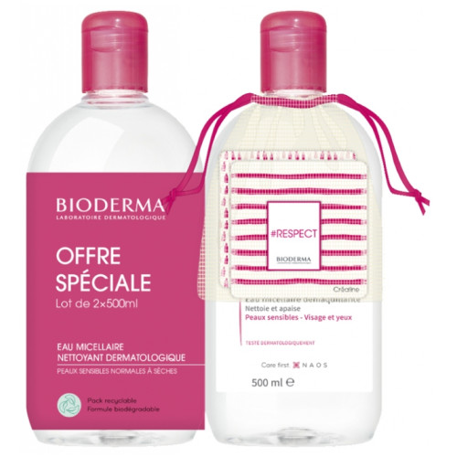 Bioderma Crealine (Sensibio) H2O Solution Micellaire 2 x 500 ml + 2 Cotons Lavables Міцелярна вода для чутливої шкіри з спонжиком