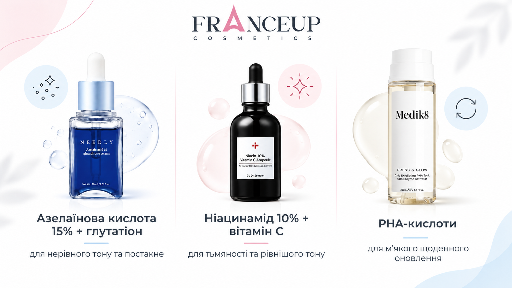 Азелаїнова кислота, ніацинамід, вітамін C і PHA-кислоти в догляді за шкірою з постакне